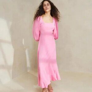 Loeffler‎ Randall NWT Linen Carmina Curve Seam Long Sleeve Dress Bubblegum Pink